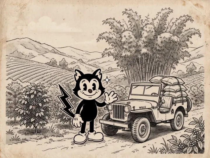 El gato de Voltio saluda junto a un Willys cargado de café en un cafetal dibujado en tinta