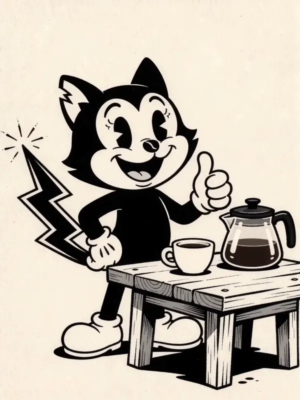 El gato de Voltio con chispas en los ojos y la cola de rayo cargada, con su taza de café